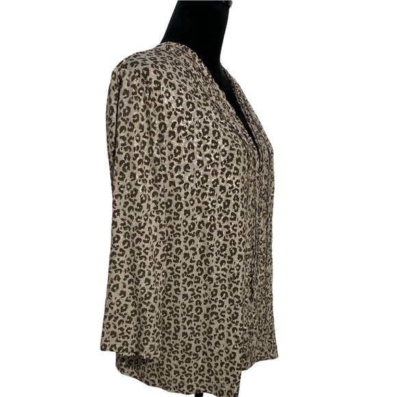 Travelers By Chicos 3 Cardigan Sweater Knit Topper XL Gray Brown Metallic Print - Picture 3 of 8